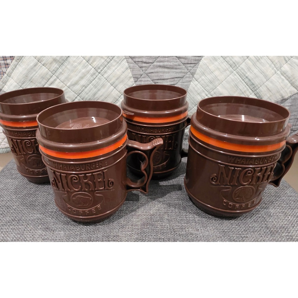 Whataburger Nickel Coffee Mugs Set of 4 Brown Orange Good Vintage Plastic Lids